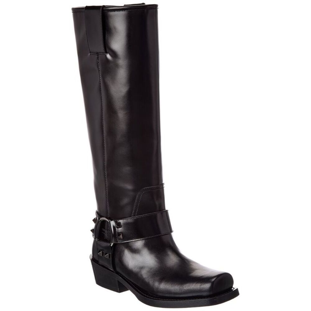 Valentino Rockstud Leather Knee-High Boot, Black